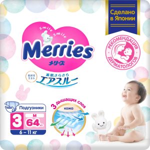 Подгузники для детей Merries размер M / 3 (6-11кг), 64 шт, дышащие