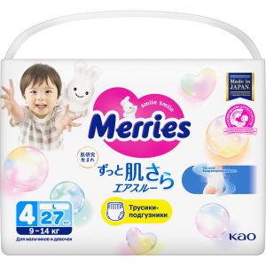 Трусики-подгузники для детей Merries размер L / 4 (9-14 кг), 27 шт, дышащие