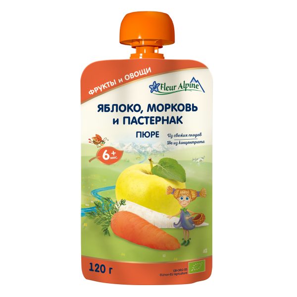 Пюре детское Fleur Alpine ЯБЛОКО, МОРКОВЬ И ПАСТЕРНАК, с 6 месяцев, 120 г