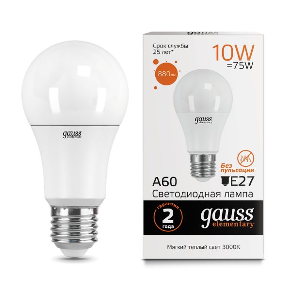 Gauss LED Elementary A60 10W E27 3000K 1/10/50