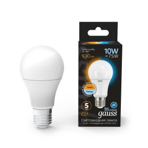 Лампа Gauss LED A60 10W E27 930lm 2700K/4100K CTC 1/10/50