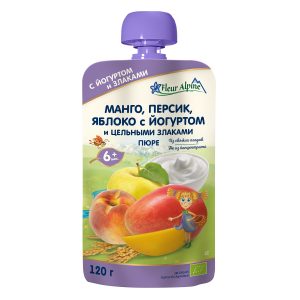 Пюре детское Fleur Alpine МАНГО, ПЕРСИК, ЯБЛОКО с ЙОГУРТОМ и ЦЕЛЬНЫМИ ЗЛАКАМИ, с 6 месяцев, 120 г