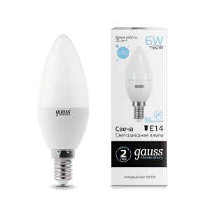 Лампа Gauss LED Elementary Свеча 6W E14 470lm 6500K 1/10/100