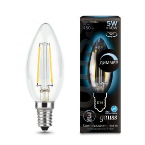 Лампа Gauss LED Filament Свеча dimmable E14 5W 450lm 4100К 1/10/50