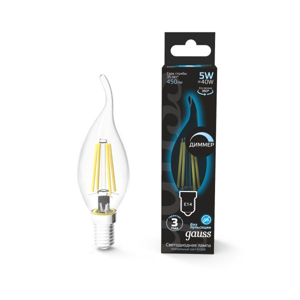Лампа Gauss LED Filament Свеча на ветру dimmable E14 5W 450lm 4100K 1/10/50