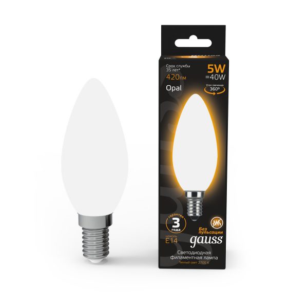 Лампа Gauss LED Filament Свеча OPAL E14 5W 420lm 2700К 1/10/50