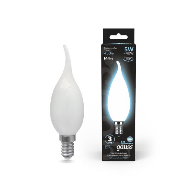 Лампа Gauss LED Filament Свеча на ветру OPAL E14 5W 450lm 4100К 1/10/50