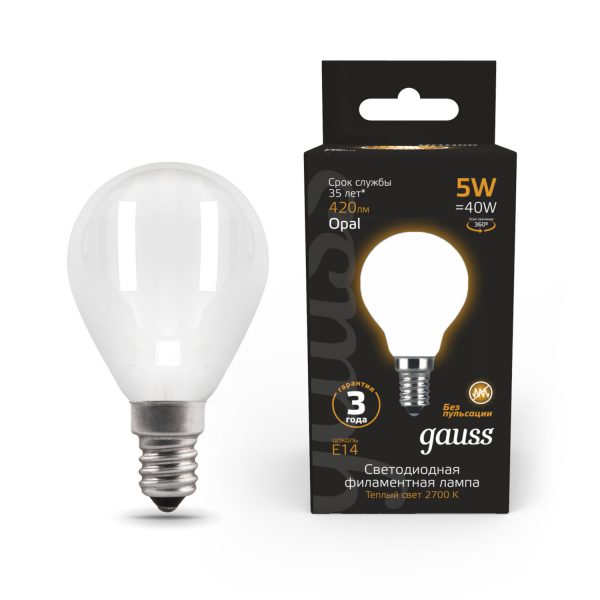 Лампа Gauss LED Filament Шар OPAL E14 5W 420lm 2700K 1/10/50