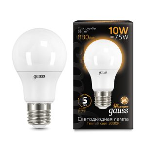 Лампа Gauss LED A60 10W E27 880lm 3000K 1/10/50