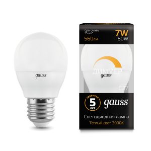 Лампа Gauss LED Шар-dim E27 7W 560lm 3000К диммируемая 1/10/100