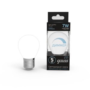 Лампа Gauss LED Шар-dim E27 7W 590lm 4100К диммируемая 1/10/100