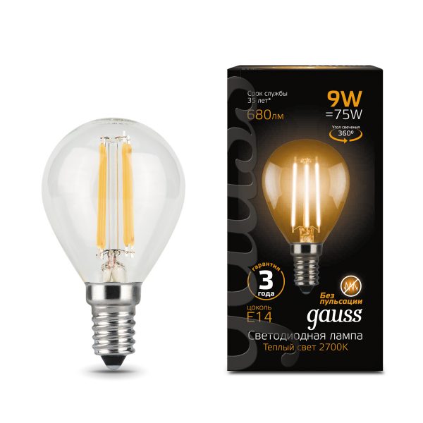 Лампа Gauss LED Filament Шар E14 9W 680lm 2700K 1/10/50