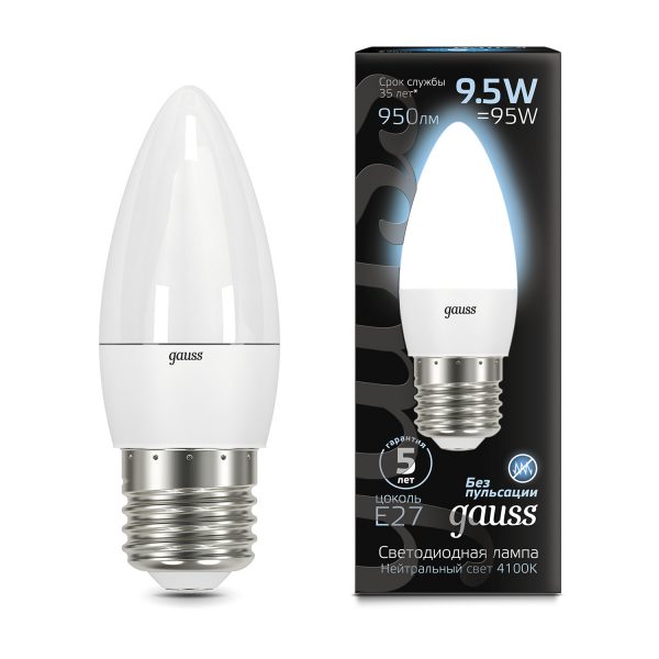 Лампа Gauss LED Свеча E27 9.5W 950lm 4100К 1/10/50