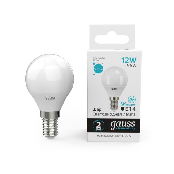 Лампа Gauss LED Elementary Шар 12W 920lm E14 4100K 1/10/100