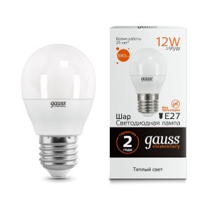 Лампа Gauss LED Elementary Шар 12W 880lm E27 3000K 1/10/100