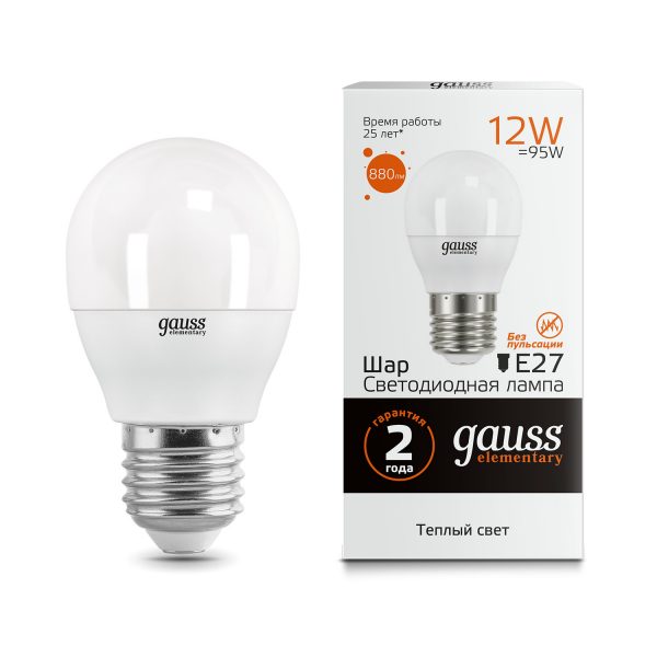 Лампа Gauss LED Elementary Шар 12W 880lm E27 3000K 1/10/100