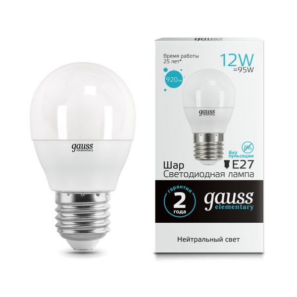 Лампа Gauss LED Elementary Шар 12W 920lm E27 4100K 1/10/100