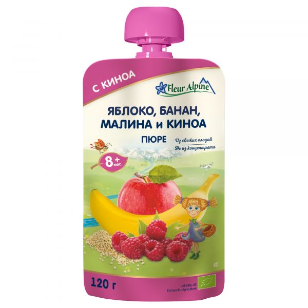 Пюре детское Fleur Alpine ЯБЛОКО, БАНАН, МАЛИНА И КИНОА, с 8 месяцев, 120 г