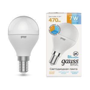 Лампа Gauss Basic шар 7W E14 470LM 3000K-4000K-6500K