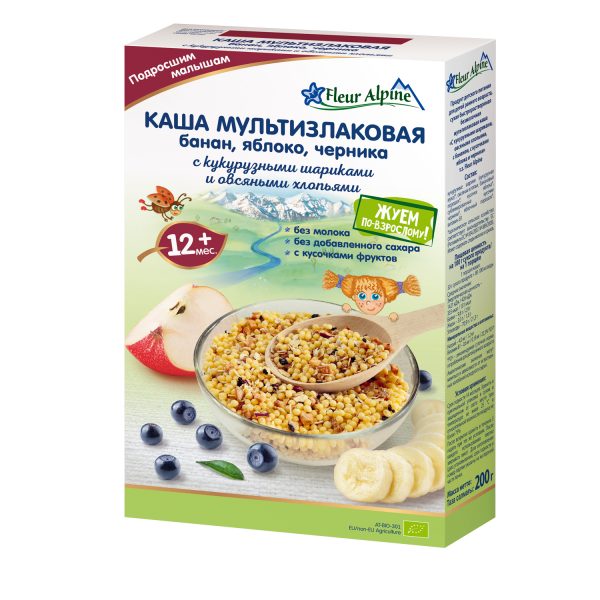 Каша мультизлаковая Fleur Alpine БАНАН, ЯБЛОКО, ЧЕРНИКА с кукурузными шариками и овсяными хлопьями с 12 месяцев 200 г