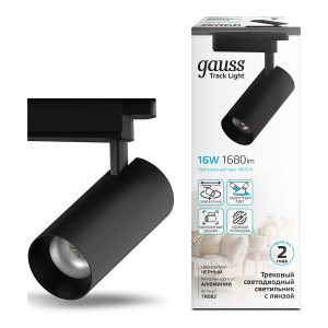 Светильник трековый Gauss цилиндр 16W 1680lm 4000K 180-220V IP20 65*206мм черный линза 36 LED
