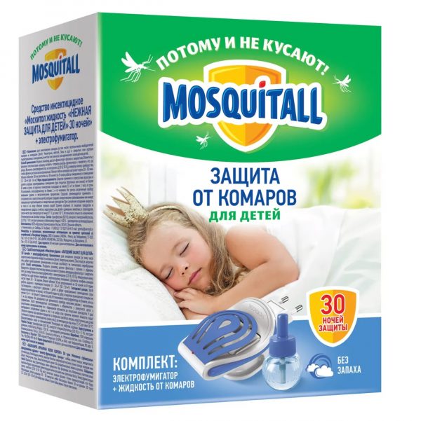 Комплект Mosquitall "Нежная защита для детей": электрофумигатор + жидкость 30 ночей от комаров 30 мл