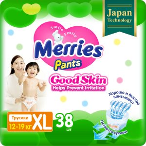 Подгузники-трусики Merries Good skin XL / 5 (12-19кг), 38 шт, по японским технологиям