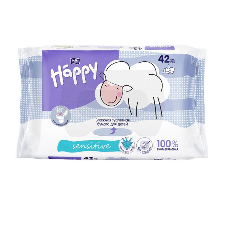 Влажная туалетная бумага Happy для детей с экстрактом алоэ 42 шт