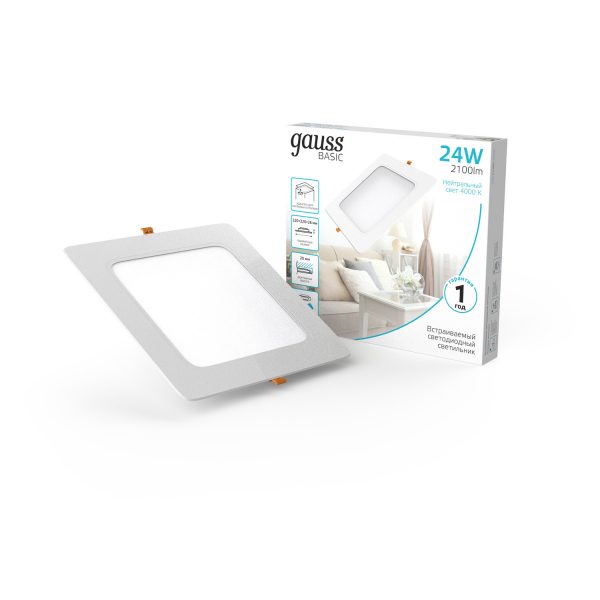 Светильник Gauss Basic Downlight квадрат 24W 2100lm 4000K 170-260V IP20 225X26 монтаж белый LED 1/40