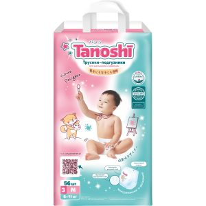 Трусики-подгузники для детей Tanoshi, размер M / 3 (6-11 кг), 56 шт, ультратонкие и дышащие