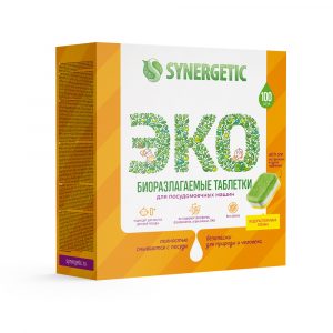 Таблетки для посудомоечных машин Synergetic бесфосфатные, в водорастворимой пленке, без запаха, 100 шт